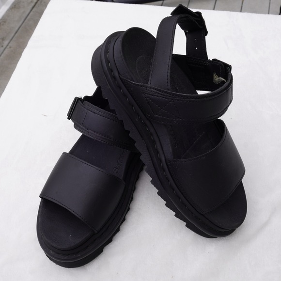 Dr. Martens Black Leather Sandals Adjustable Buckle Platform Chunky Sole - Picture 1 of 10